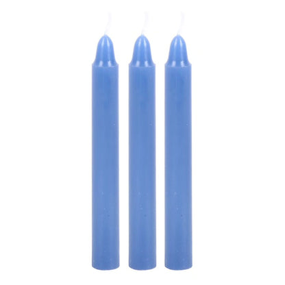 Three blue unlit unscented pillar candles