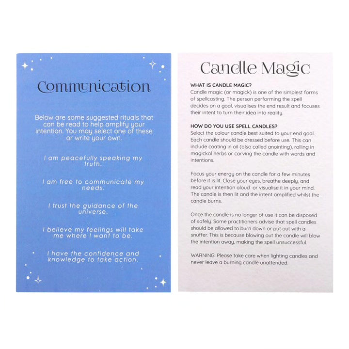 Communication candle magic information card with ritual guidance and usage instructions