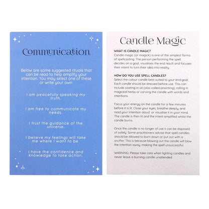 Communication candle magic information card with ritual guidance and usage instructions