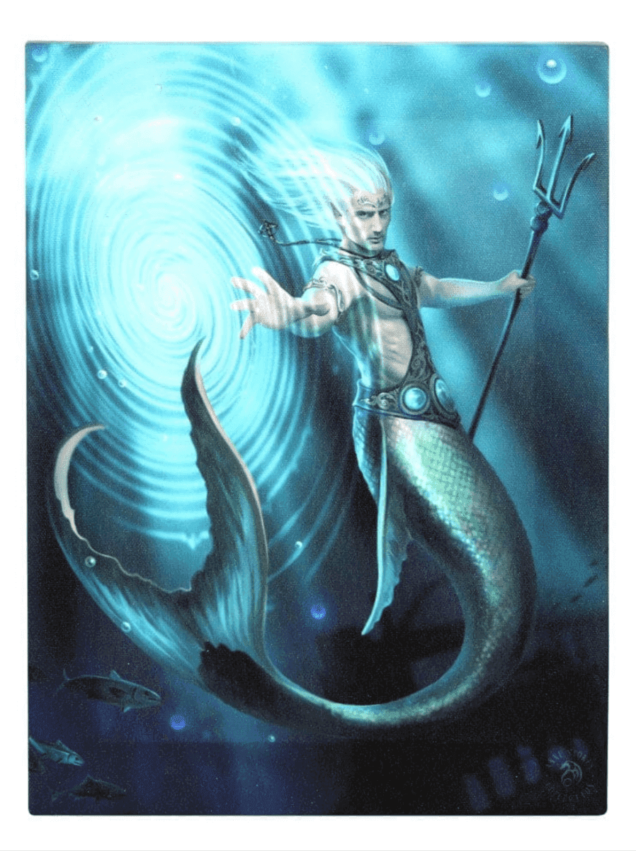 Canvas wall art print of merman wizard with trident, blue spiral water vortex
