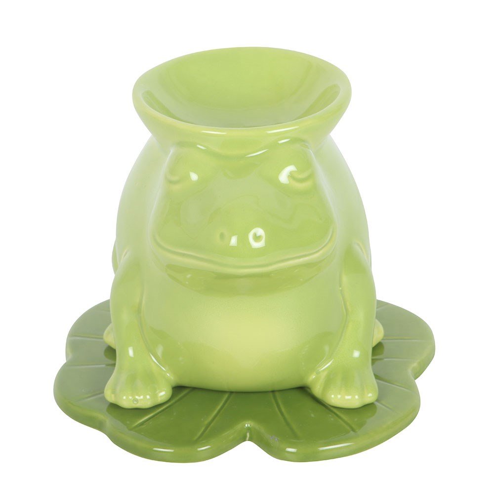 Green ceramic frog oil/wax burner with wide bowl, side feet, and saucer base