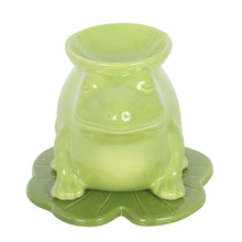 Green ceramic frog oil/wax burner with wide bowl, side feet, and saucer base