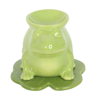 Green ceramic frog oil/wax burner with wide bowl, side feet, and saucer base