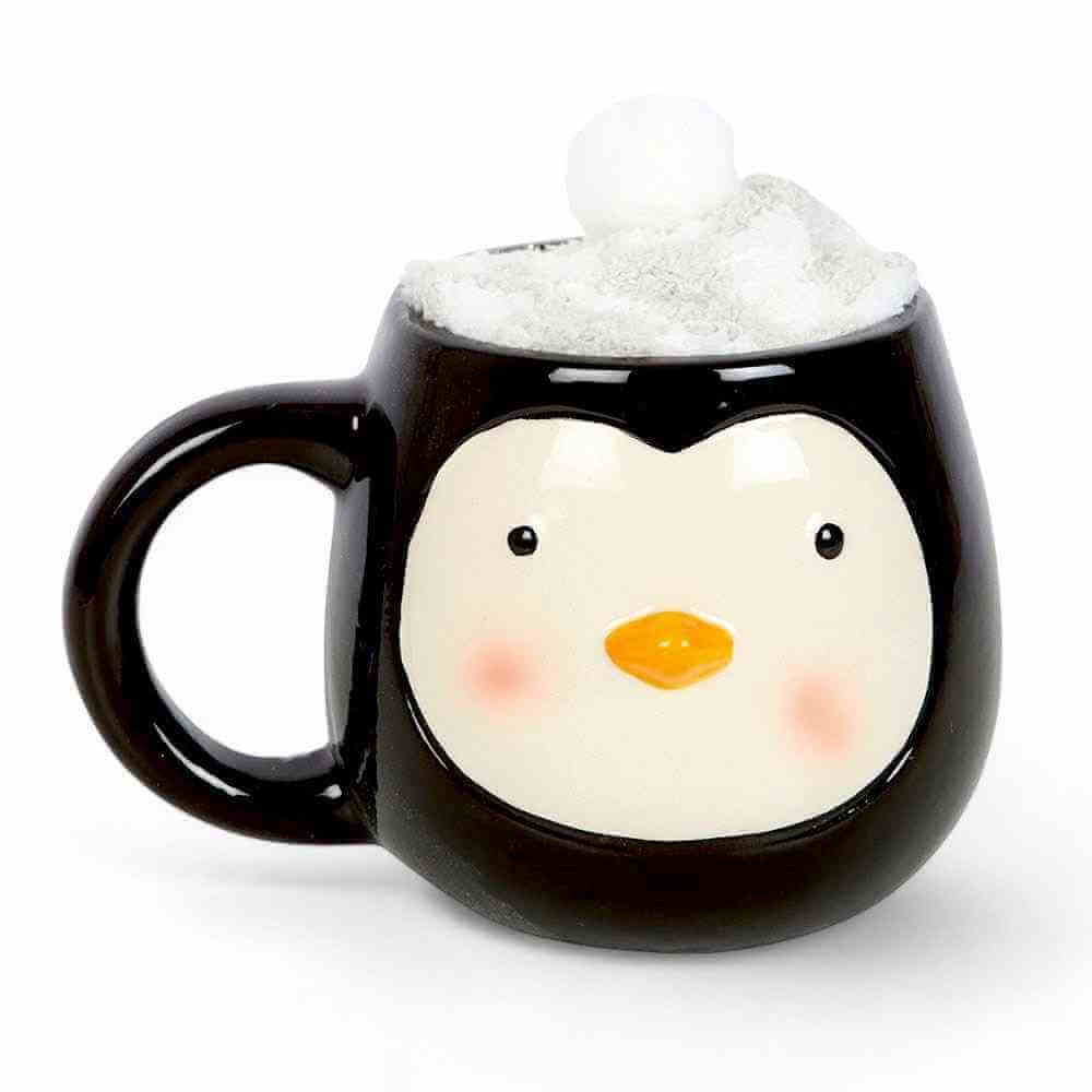 Penguin coffee mug with plush snow top, black body, and penguin face print