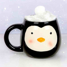 Penguin coffee mug with plush snow top and black handle; cute face design