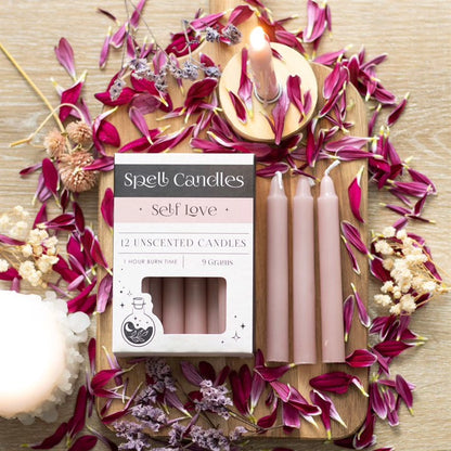 Self Love candle set with three pale pink pillar candles and floral wreath