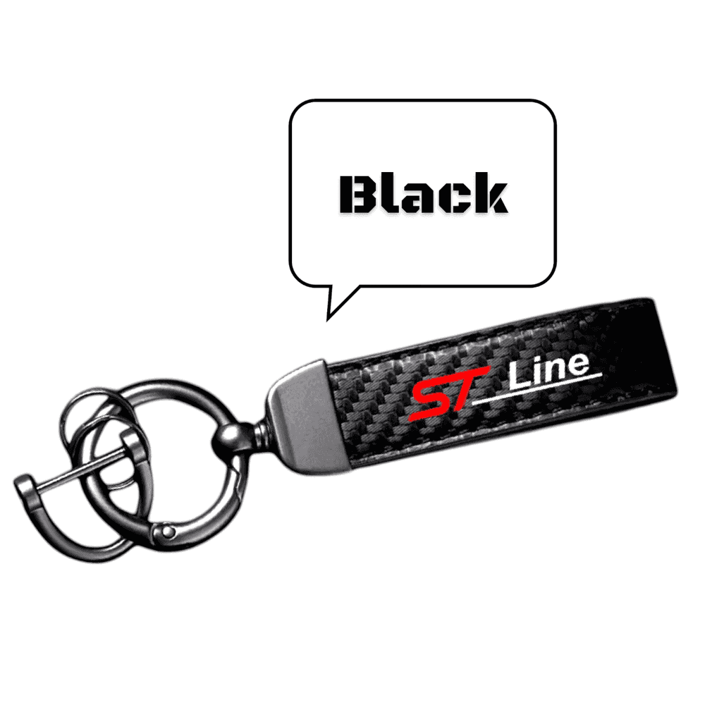 Black keychain with horseshoe buckle, black carbon-fibre strap and red ST Line logo