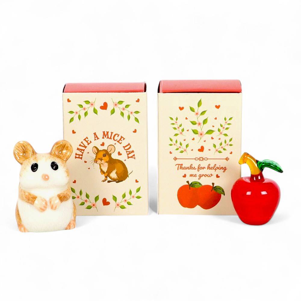 Glass Apples and Mouse in a Matchbox, Token Gifts for Teachers, Friends ideal Keepsake