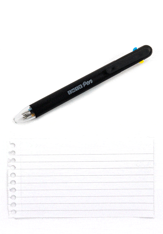Black CMYK pen ballpoint with cap off next to blank lined page