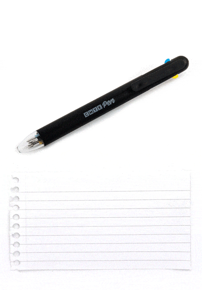 Black CMYK pen ballpoint with cap off next to blank lined page