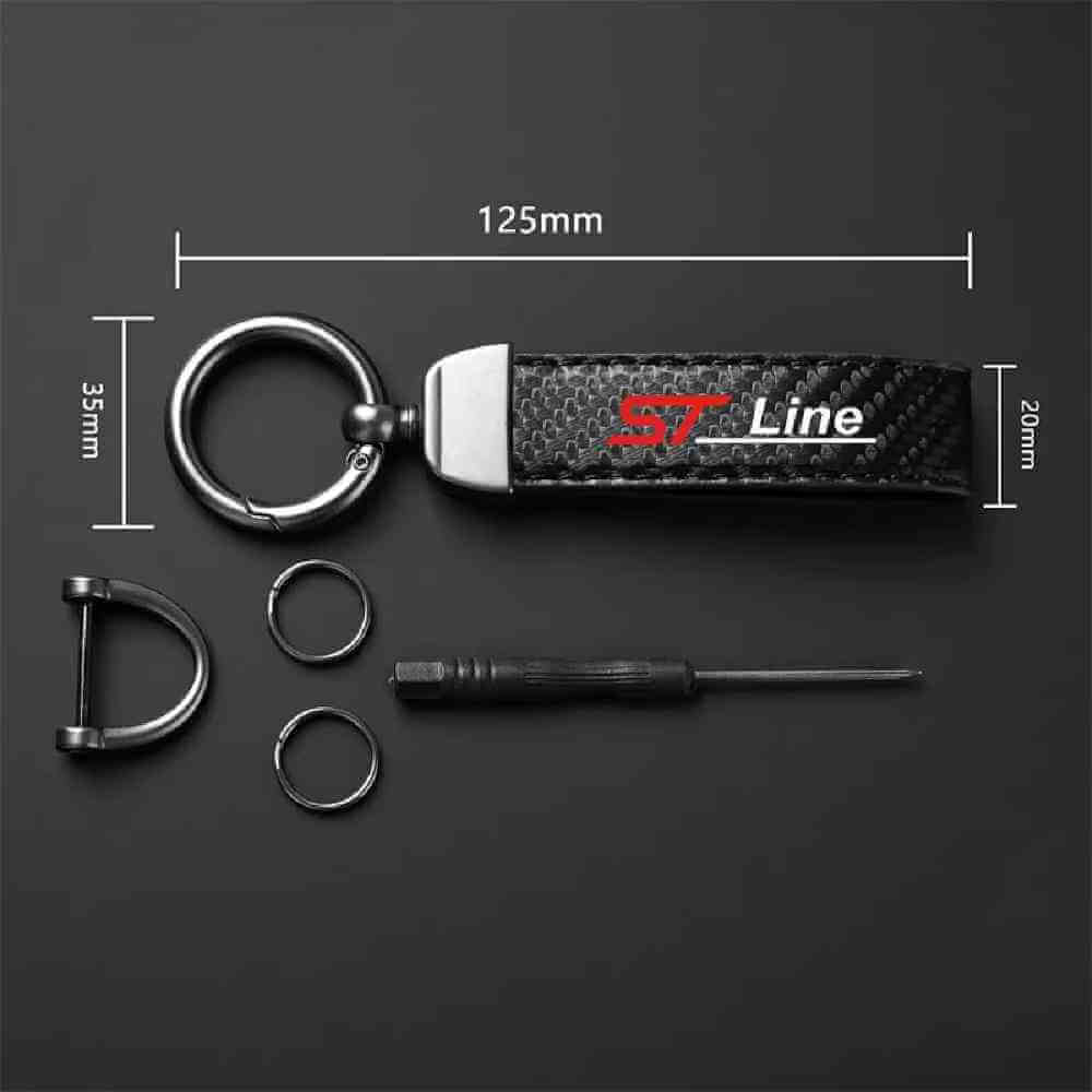 Horseshoe-buckle keychain with carbon-fibre strap; 125mm length shown