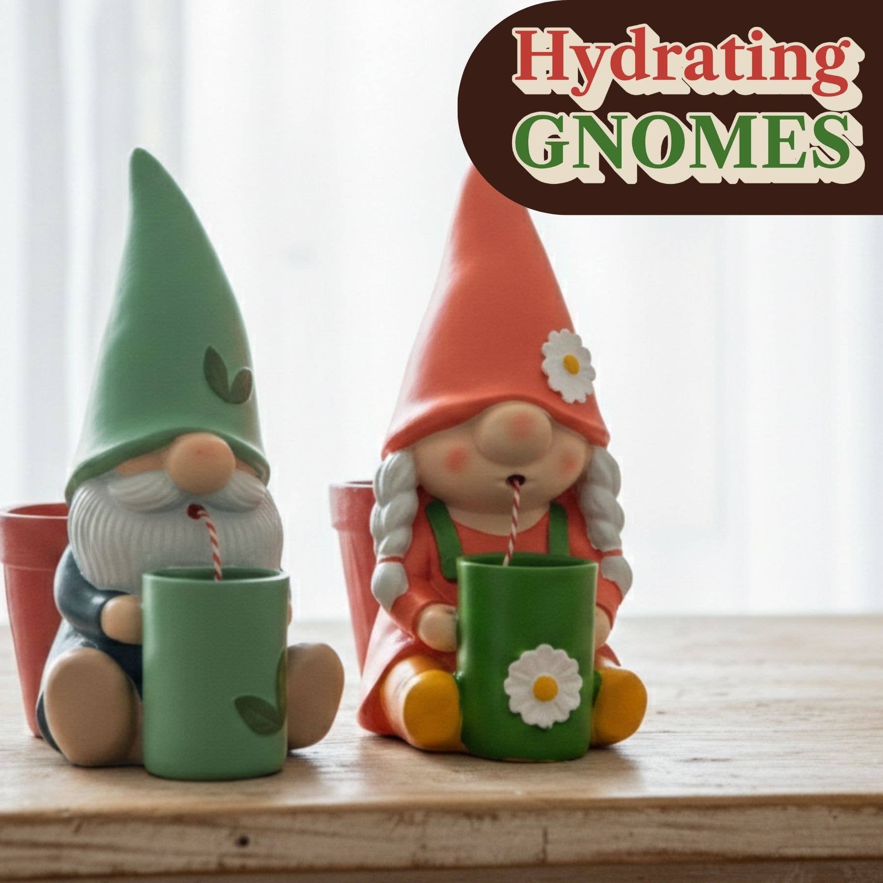 Two gnome self-watering plant pots: orange gnome with green cup and flowers, plus green one