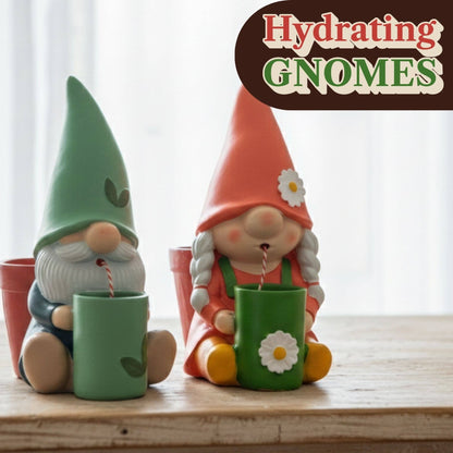 Two gnome self-watering plant pots: orange gnome with green cup and flowers, plus green one