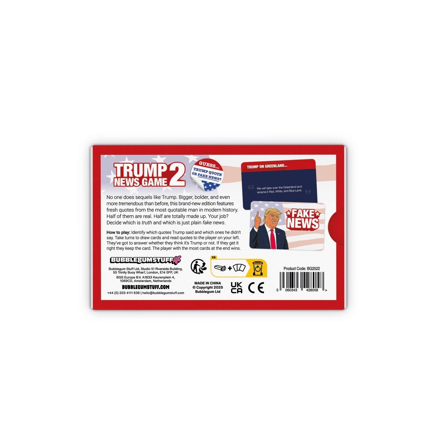 Board game box back panel with rules text, barcode, and certification icons