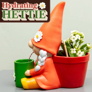 Self-watering gnome plant pot: orange hat, red planter, green cup with string