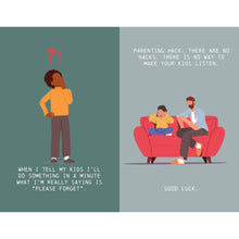 Open book spread with illustrated fatherhood jokes and quote panels