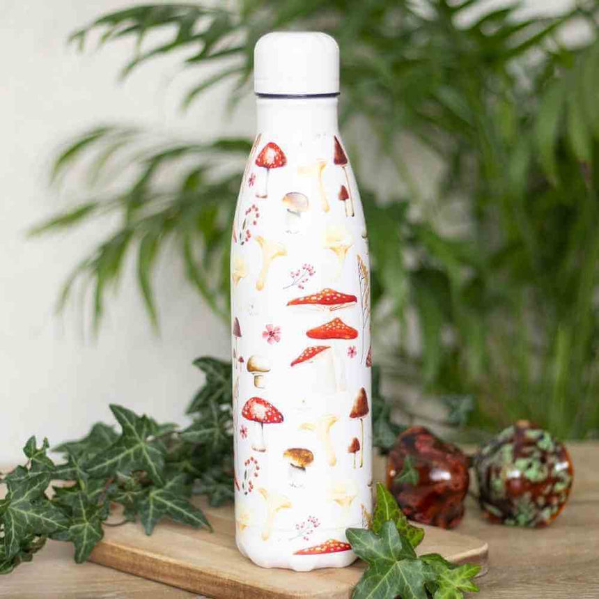 The Fashion Gift Shop: All Over Mushroom Print Metal 500ml Water Bottle Stylish by Spirit of equinox, Water Bottles