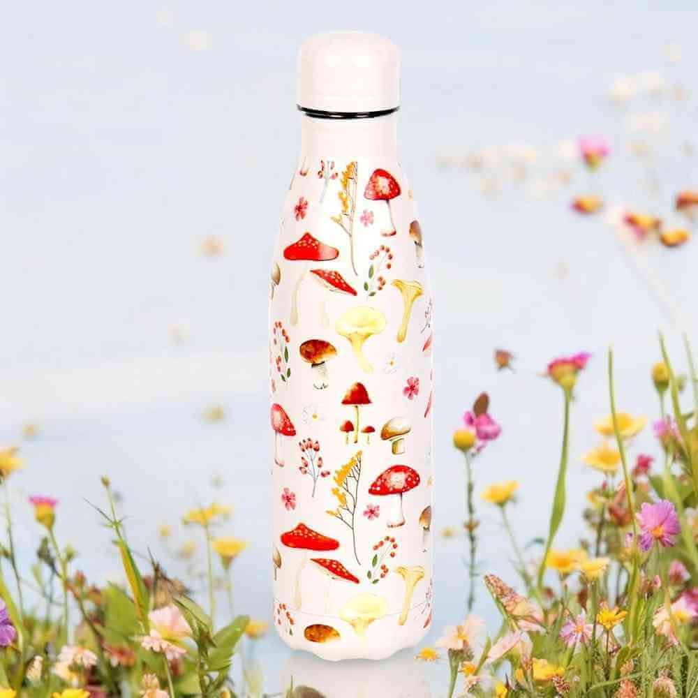 The Fashion Gift Shop: All Over Mushroom Print Metal 500ml Water Bottle Stylish by Spirit of equinox, Water Bottles