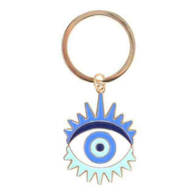 Gold metal keyring with blue enamel evil eye disc charm