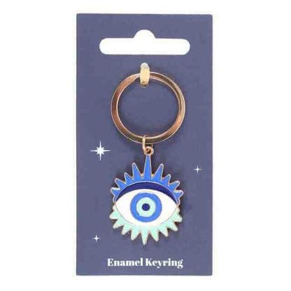 Gold metal keyring with blue enamel evil eye charm on hanging card