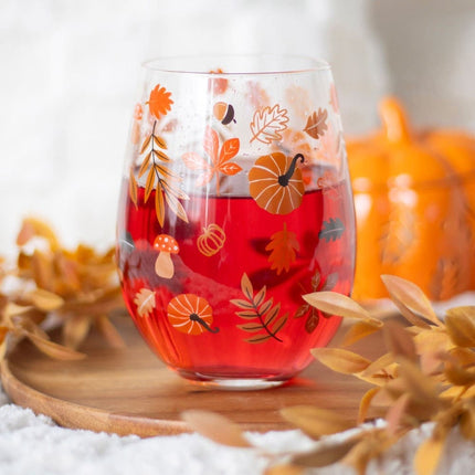 Autumn Leaves and Pumpkins Stemless Glass - Stemless Wine Glass by Jones Home & Gifts