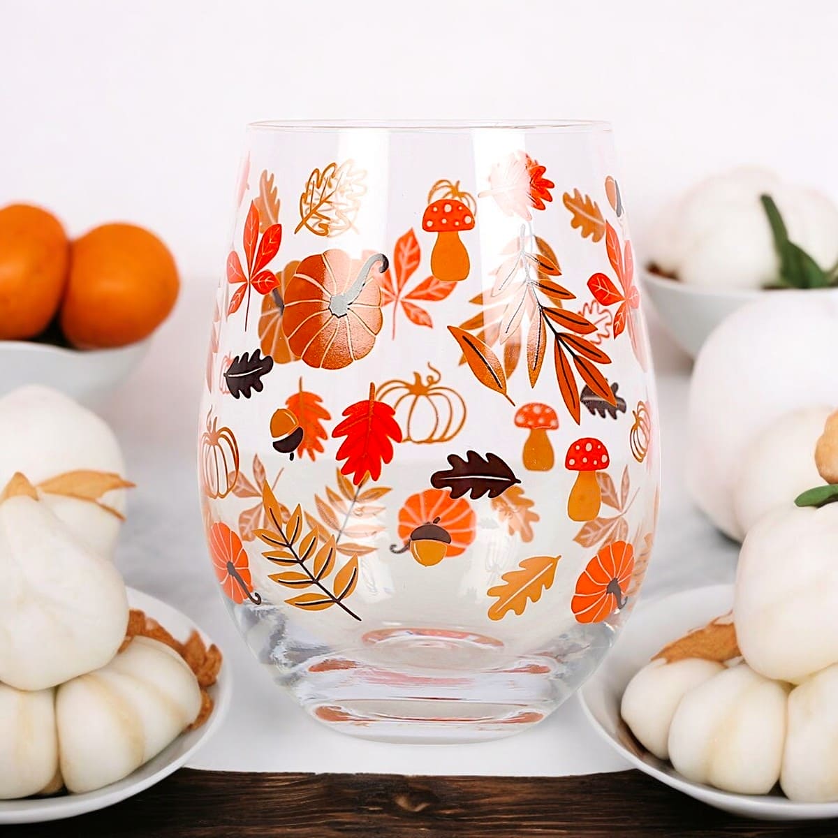 Autumn Leaves and Pumpkins Stemless Gin, Wine Glasses - The Fashion Gift Shop Stemless Wine Glass by Jones Home & Gifts