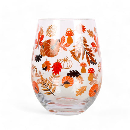 Autumn Leaves and Pumpkins Stemless Glass - Stemless Wine Glass by Jones Home & Gifts