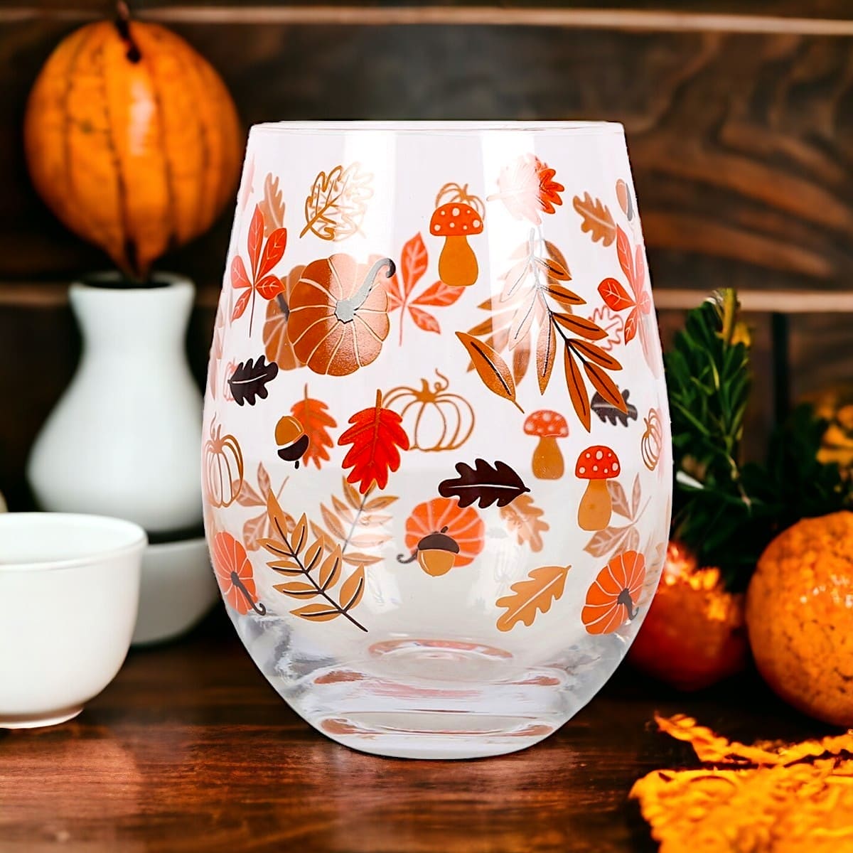 Autumn Leaves and Pumpkins Stemless Glass.