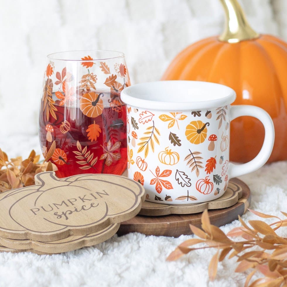 Autumn Leaves and Pumpkins Stemless Gin, Wine Glasses - The Fashion Gift Shop Stemless Wine Glass by Jones Home & Gifts