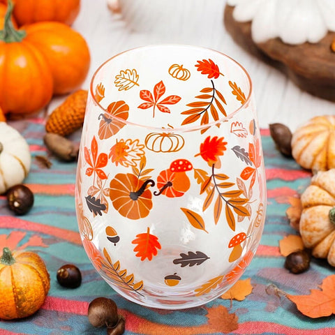 Autumn Leaves and Pumpkins Stemless Glass - Stemless Wine Glass by Jones Home & Gifts