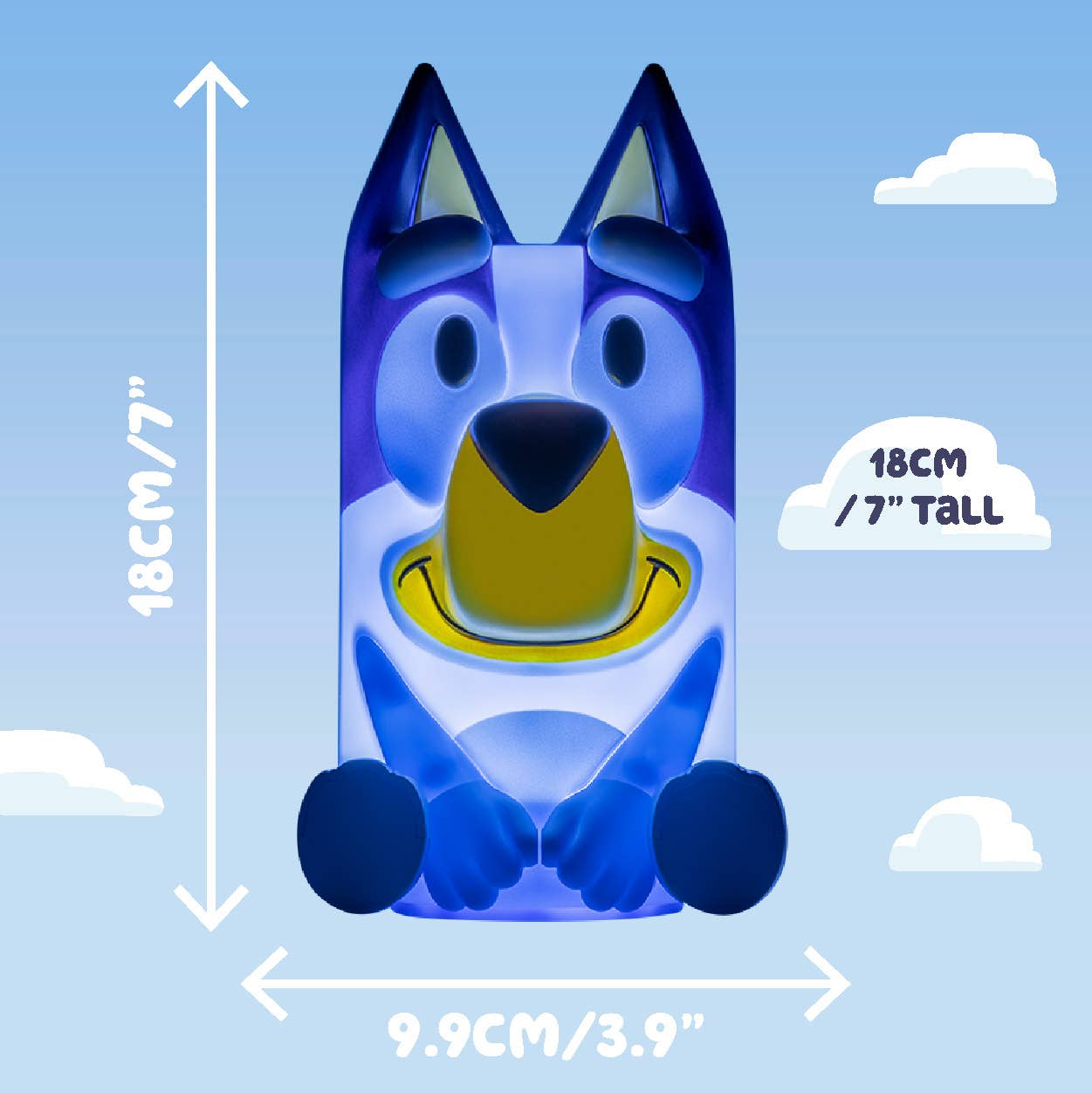 Bluey light with sound lamp, upright size diagram showing 18cm height and 9.9cm width
