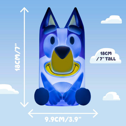 Bluey light with sound lamp, upright size diagram showing 18cm height and 9.9cm width