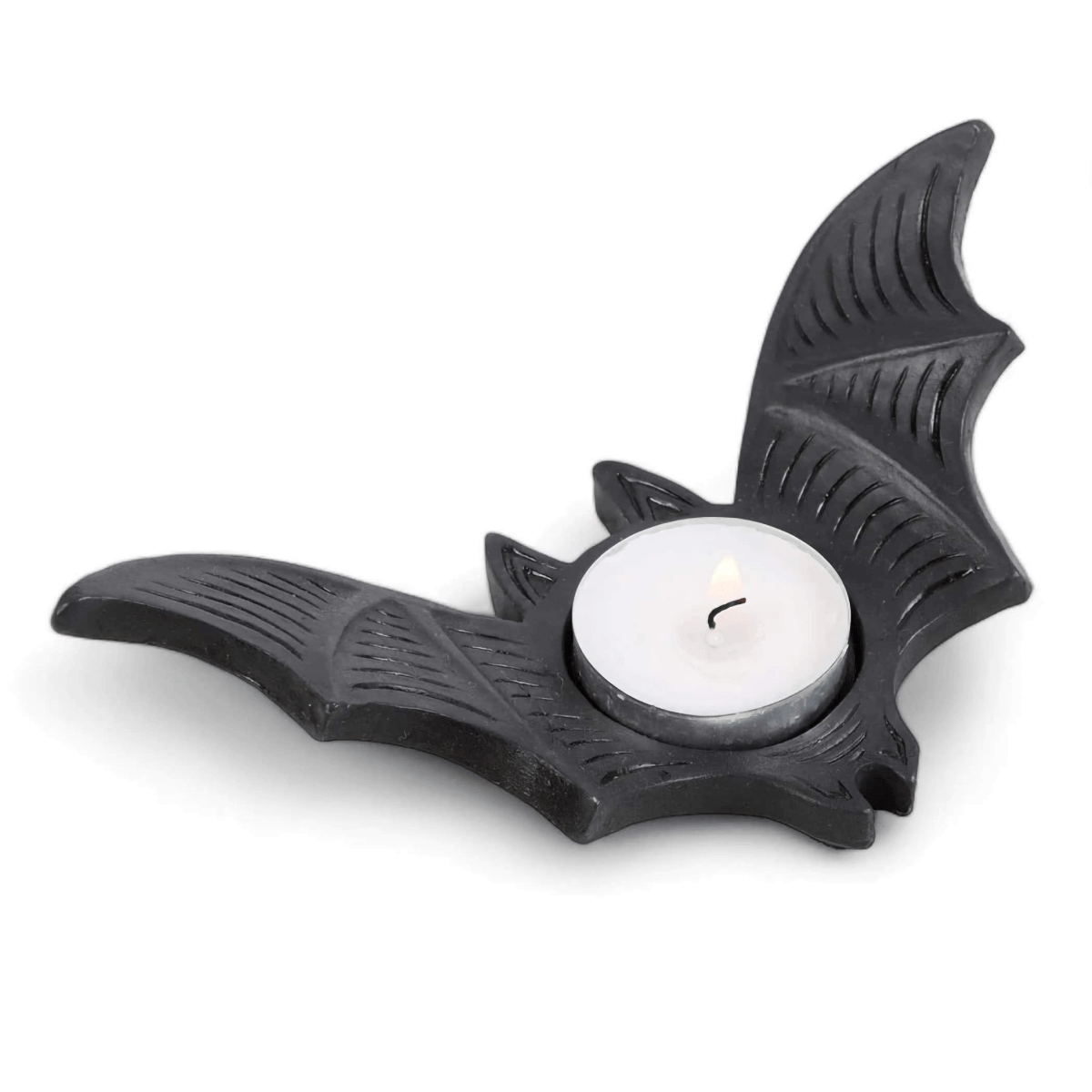 Bat-shaped tealight candle holder with round white candle, black design details.