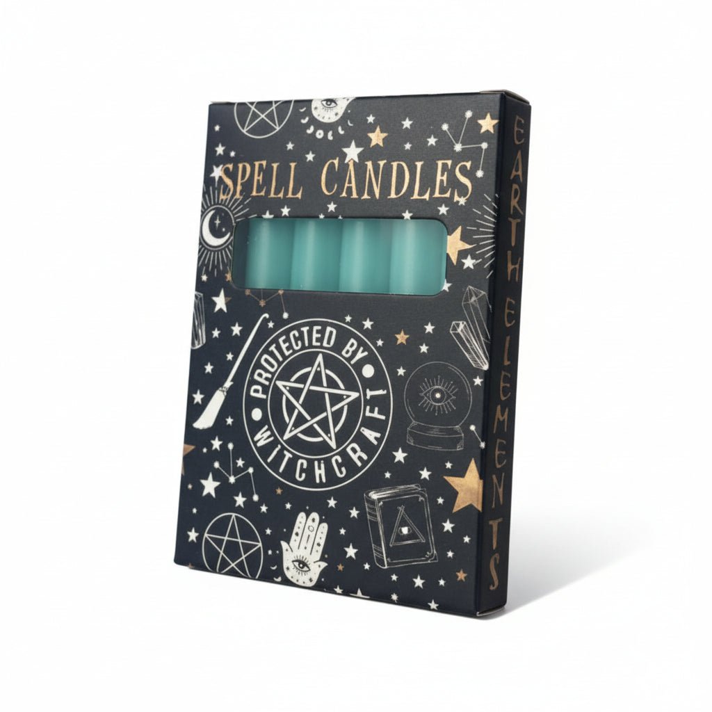 Side view of pack of six teal spell candles in black box