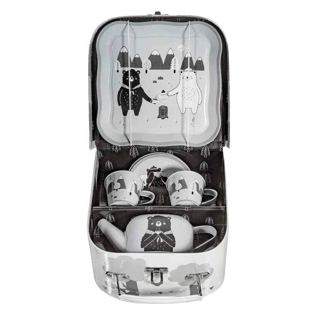 Kids' tea for two set in open suitcase with illustrated cups, teapot, and plates