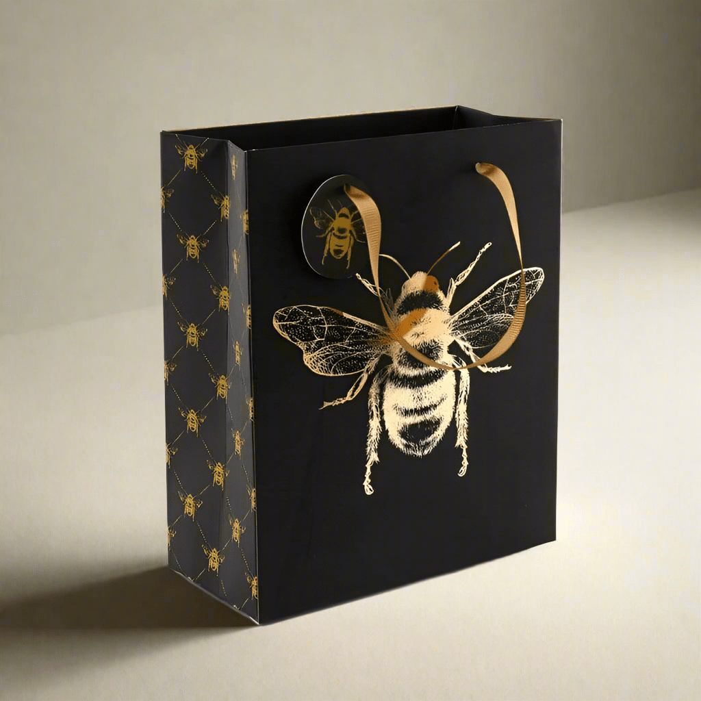 Bee Design Gift Bag with Gold Ribbon Handles & Gift Tag