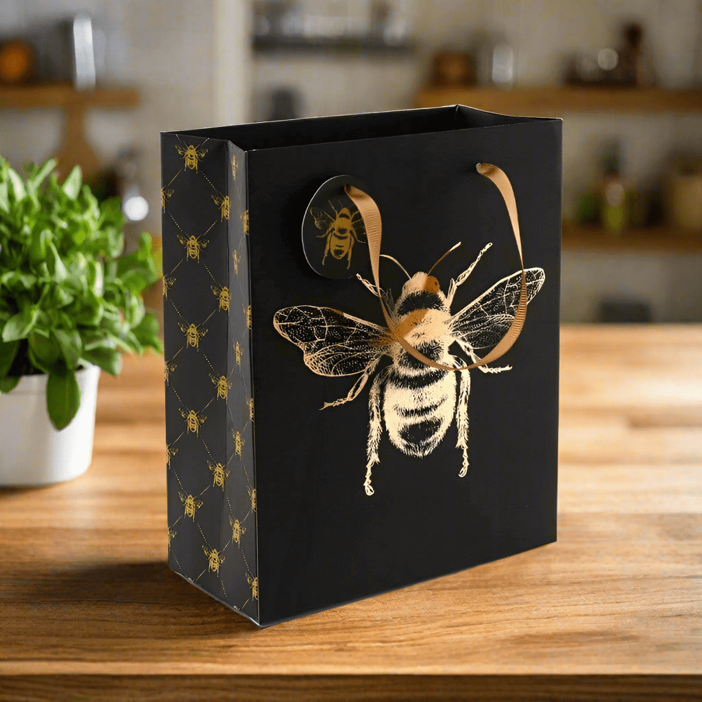 Bee Design Gift Bag with Gold Ribbon Handles & Gift Tag