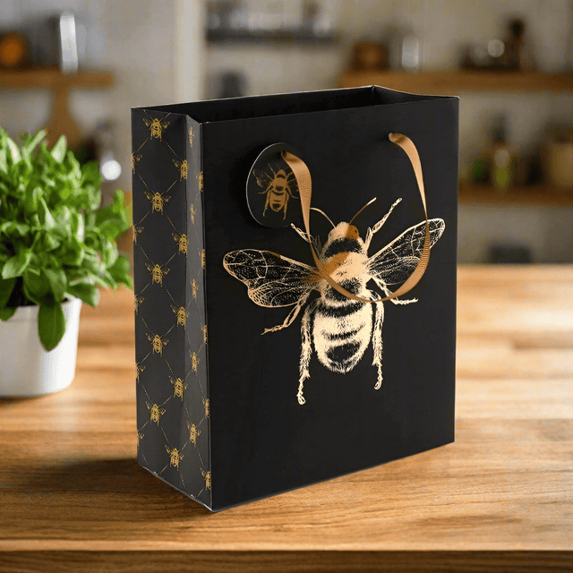 The Fashion Gift Shop: Bee Design Gift Bag with Gold Ribbon Handles & Gift Tag by Sil, Gift Bag