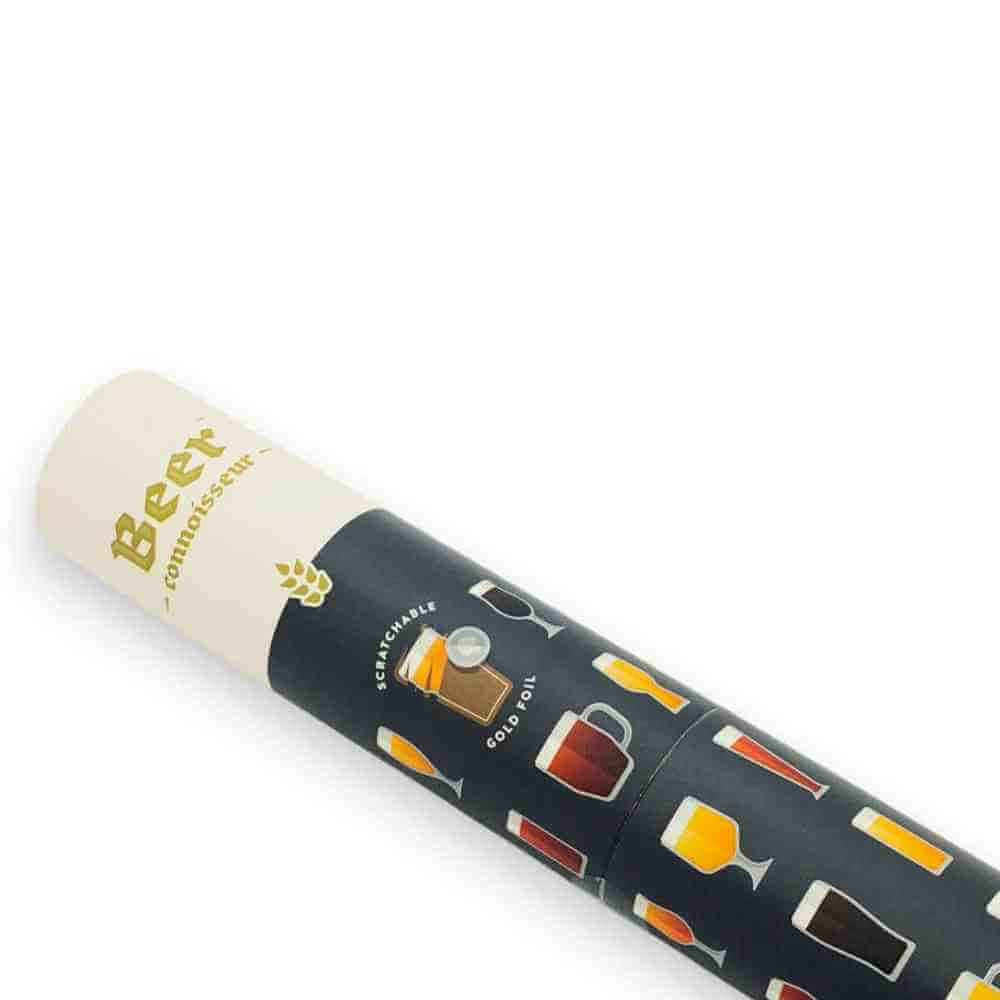 Beer scratch poster tube with dark label and gold beer-glass icons