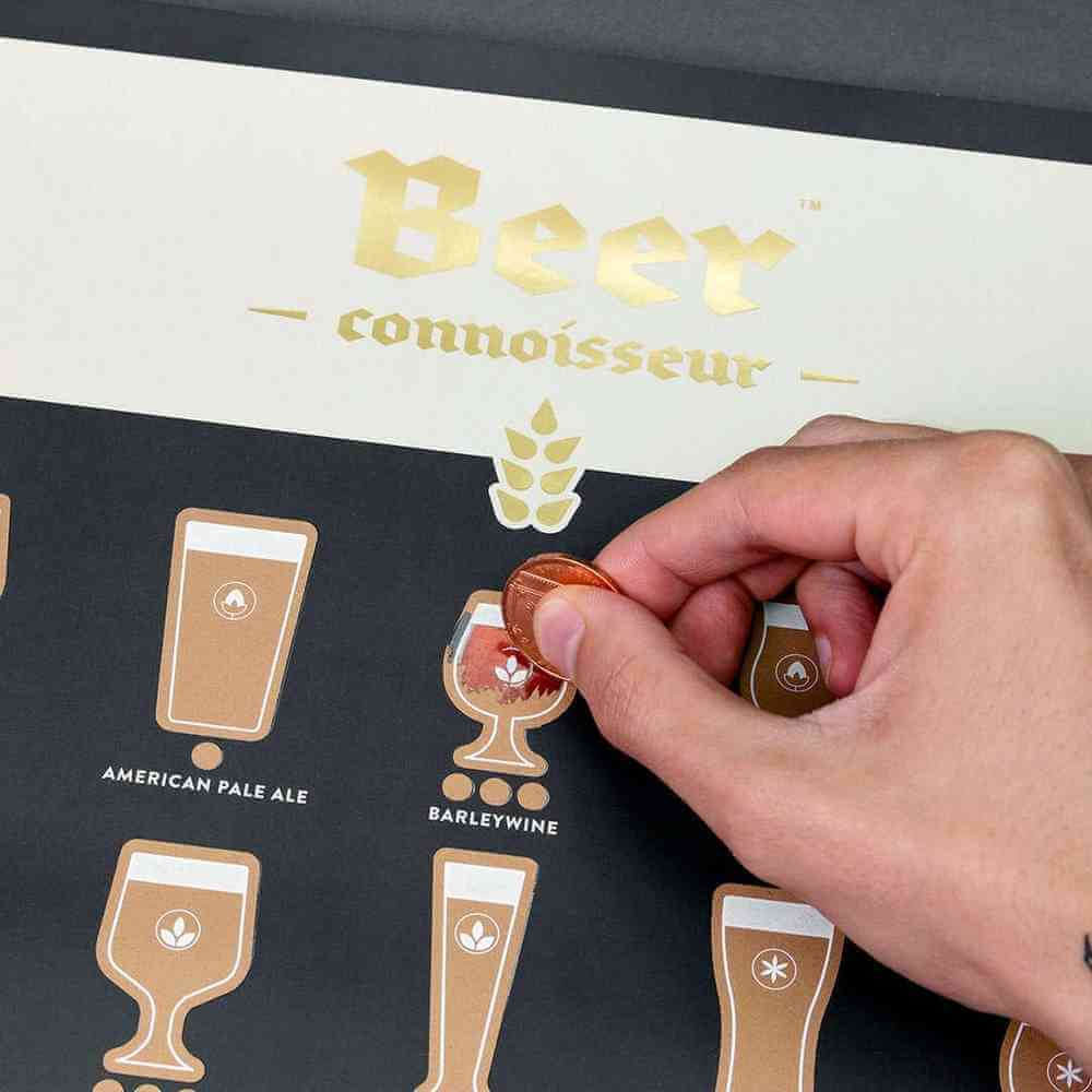 Beer scratch poster with hand removing round tokens next to beer bottle and glass icons