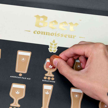 Beer scratch poster with hand removing round tokens next to beer bottle and glass icons