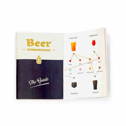 Open beer guide booklet showing “Beer connoisseur” cover page and tasting map page