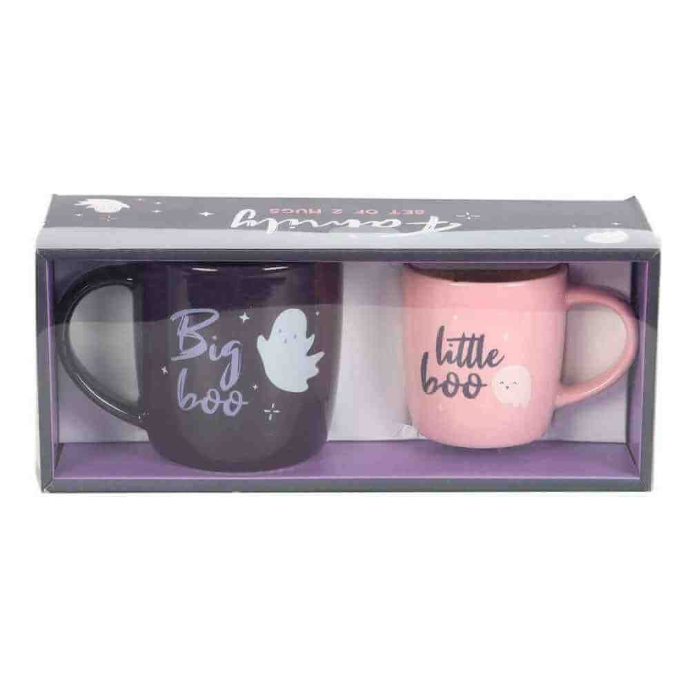 Boxed Halloween mug set of 2: dark purple “Big boo” mug and pink “little boo” mug