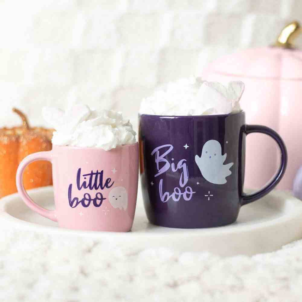 Halloween mug set of 2 with ghost graphics: pink “little boo” mug and dark purple “Big boo” mug