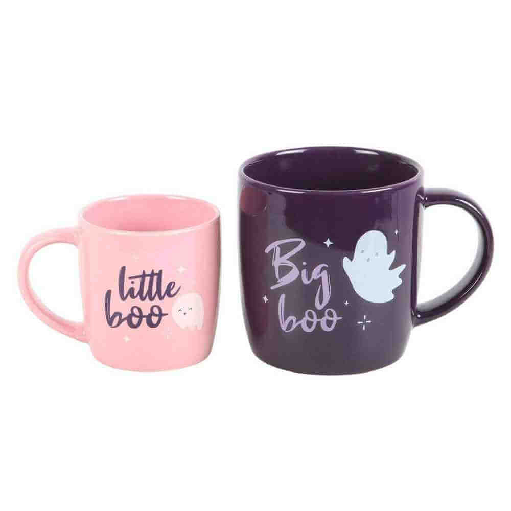 Halloween mug set of 2 with handles: pink “little boo” mug and dark purple “Big boo” mug