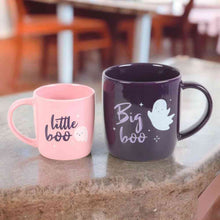Halloween mug set of 2 on table: pink “little boo” mug and dark purple “Big boo” mug