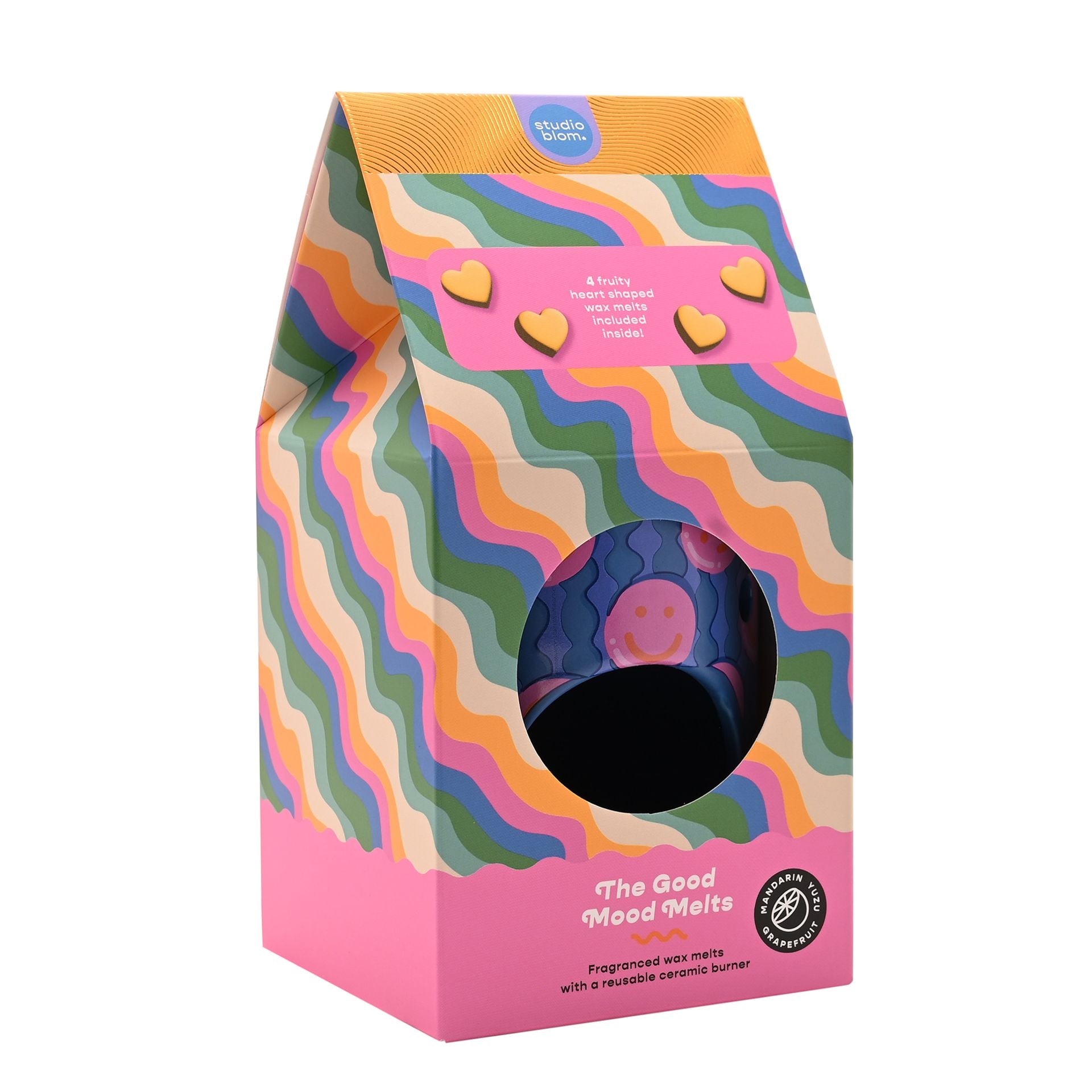 Wax melt melts gift box with multicolor wavy design and "The Good Mood Melts" logo.