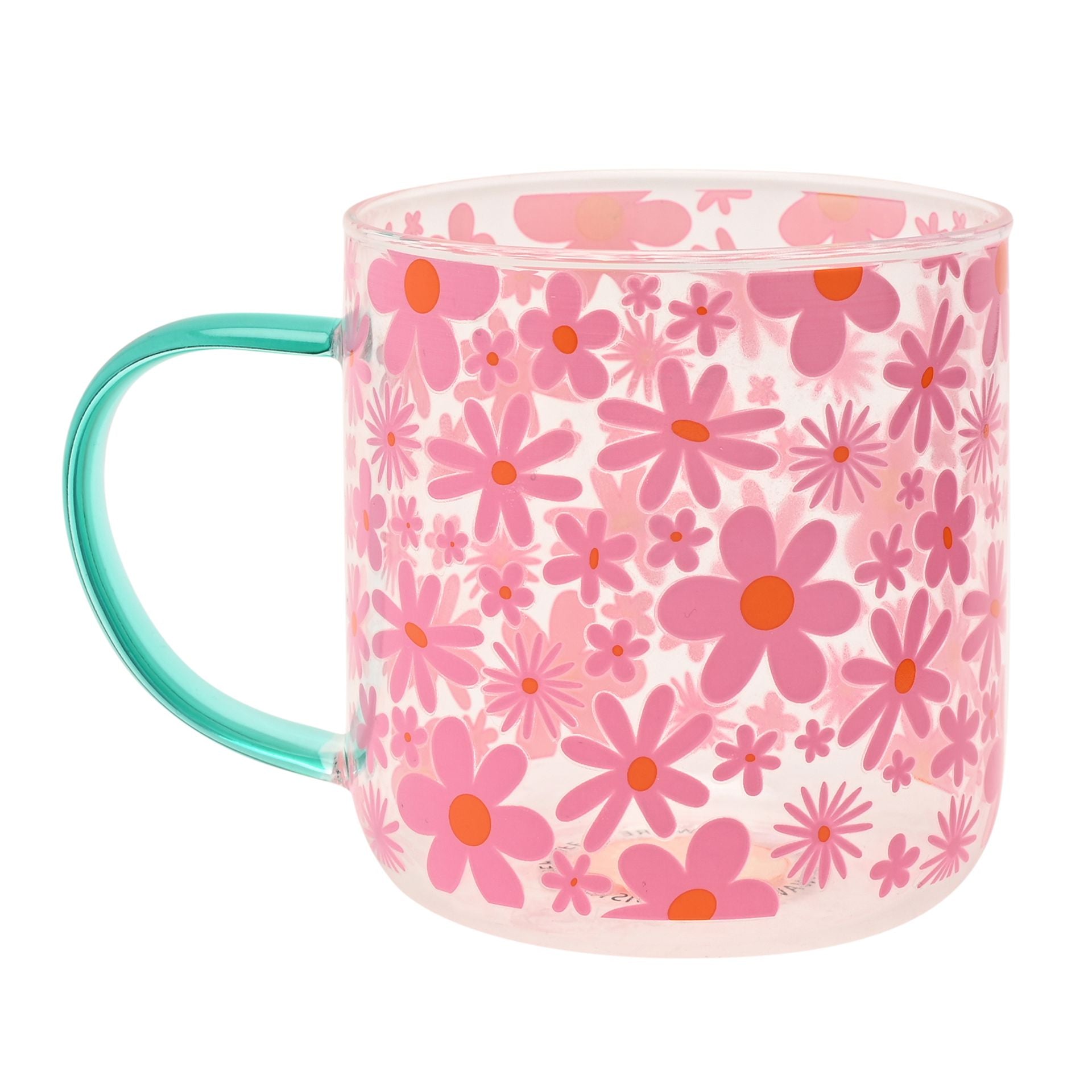 Pink floral glass mug with orange and white blooms; mint green handle, clear body.