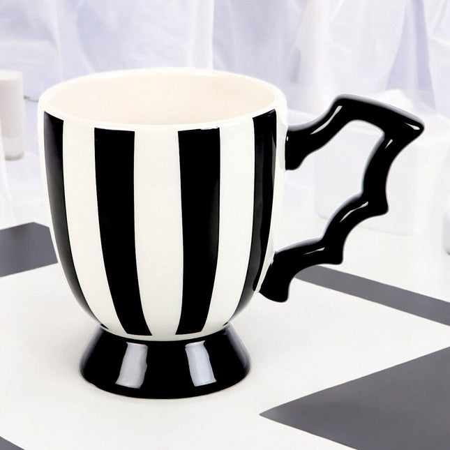 Black and White Monochrome Striped Bat Wing Teacup - Mugs and Cups by Spirit of equinox