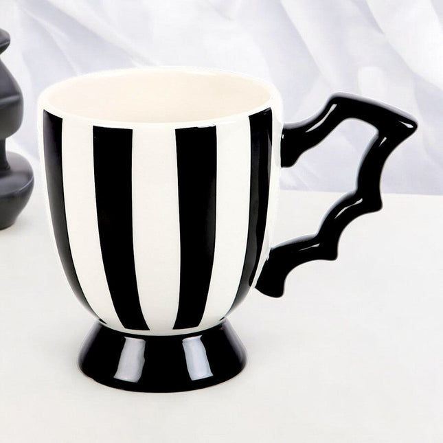 Black and White Monochrome Striped Bat Wing Teacup - Mugs and Cups by Spirit of equinox